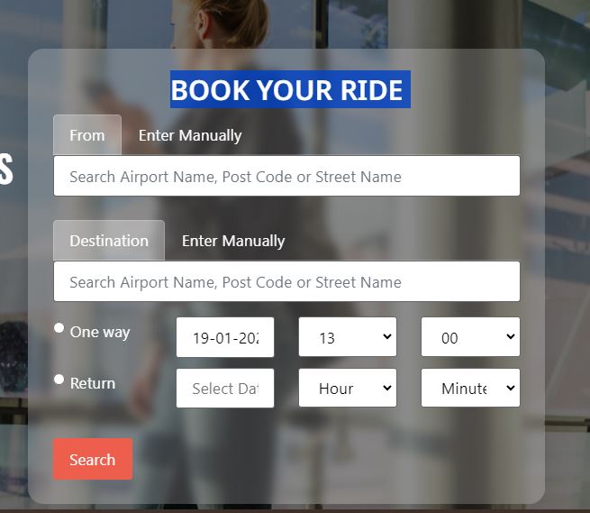 Booking Interface of London CAr Transfer