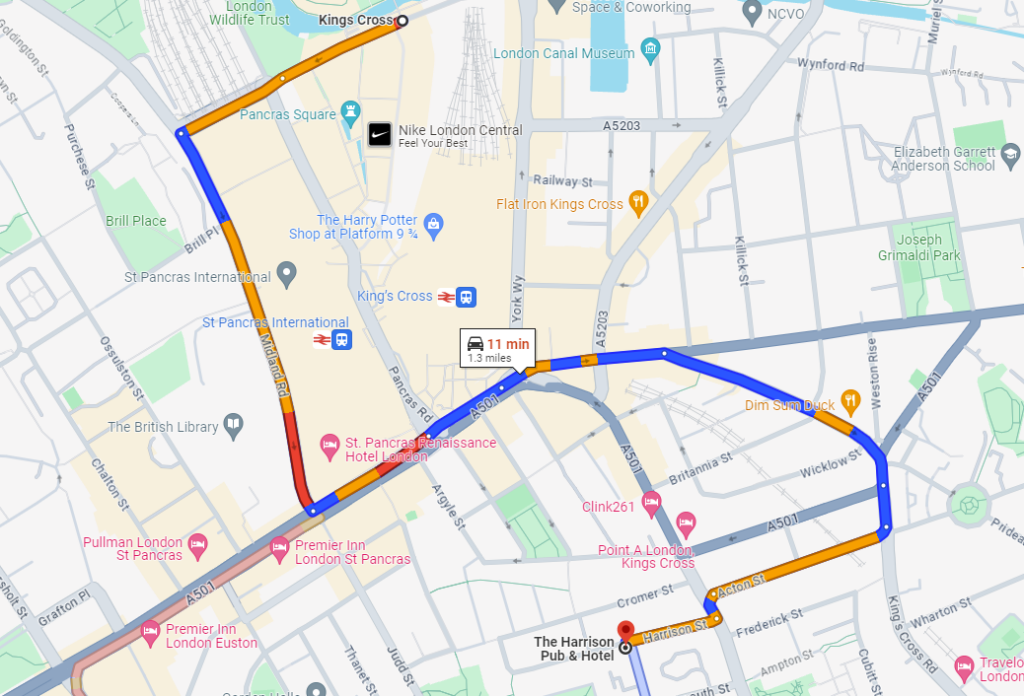 Different Routes between KING’S CROSS station and Harrison Pub & Hotel: