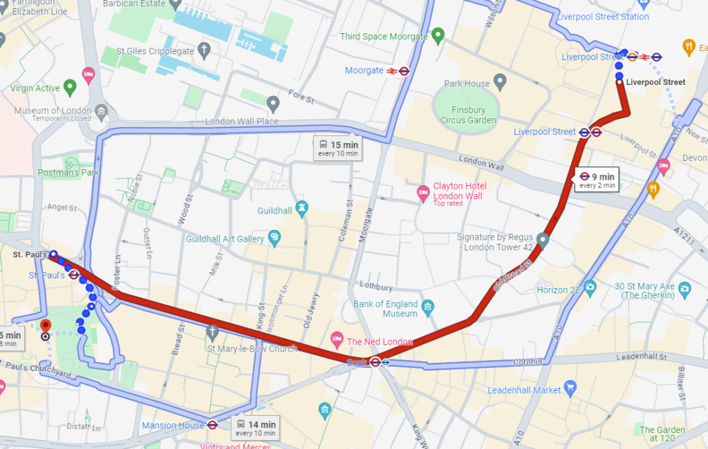 Routes between St. Paul's Cathedral and Liverpool Street station