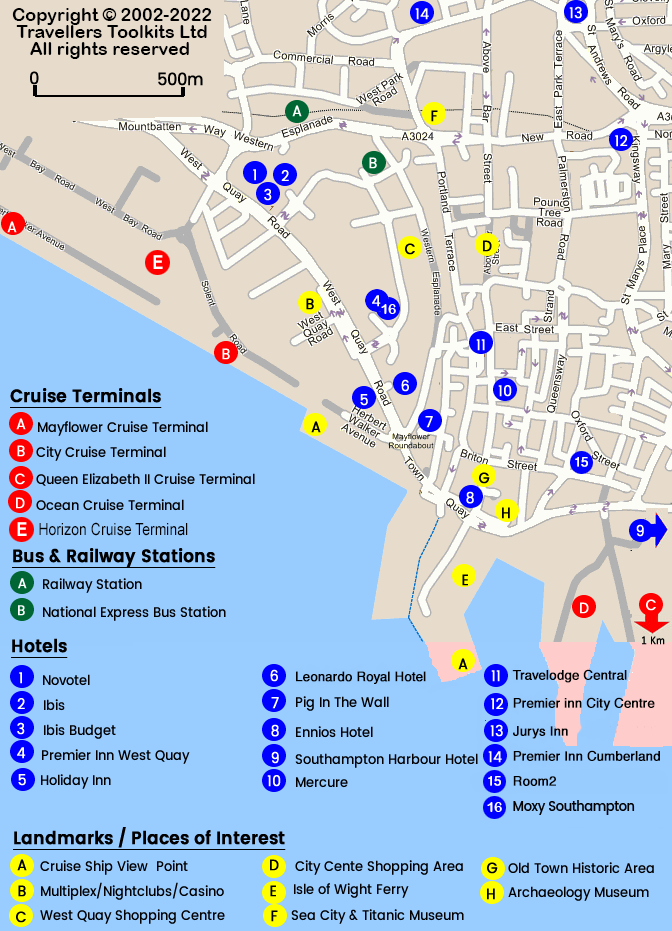 Areas around Southampton Cruise port: