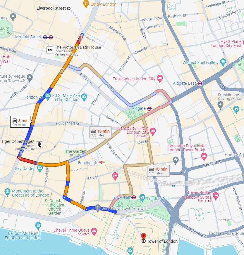 Different Routes Between Liverpool Street and Tower of London with London Car Transfer